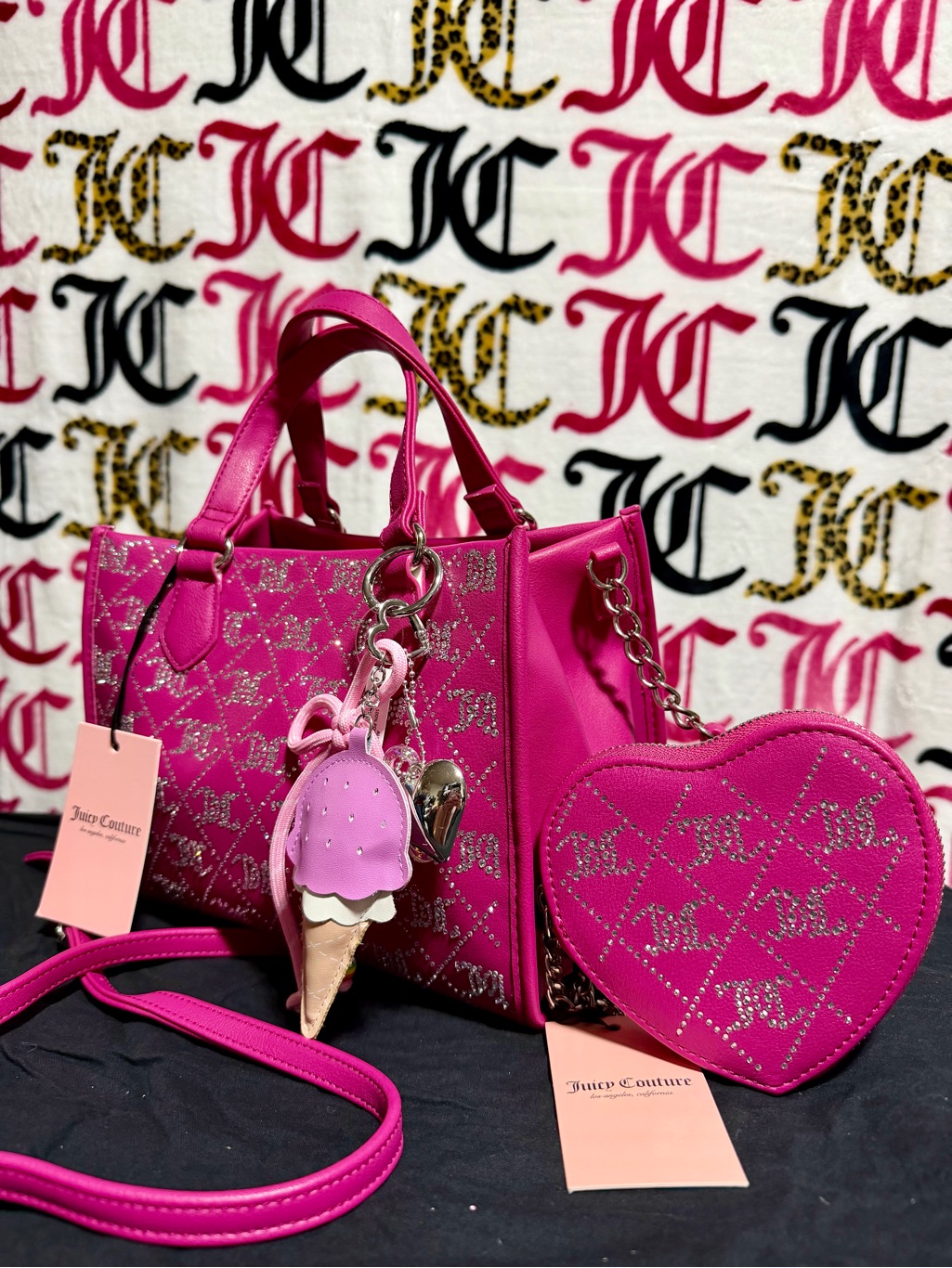 Juicy Couture Fuchsia Tote With Heart Crossbody And Ice Cream Charm